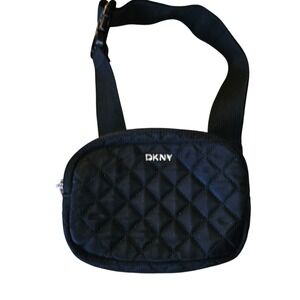 DKNY Black Quilted Belt Bag Adjustable Fanny Pack Silver Logo Waist Bag Pouch